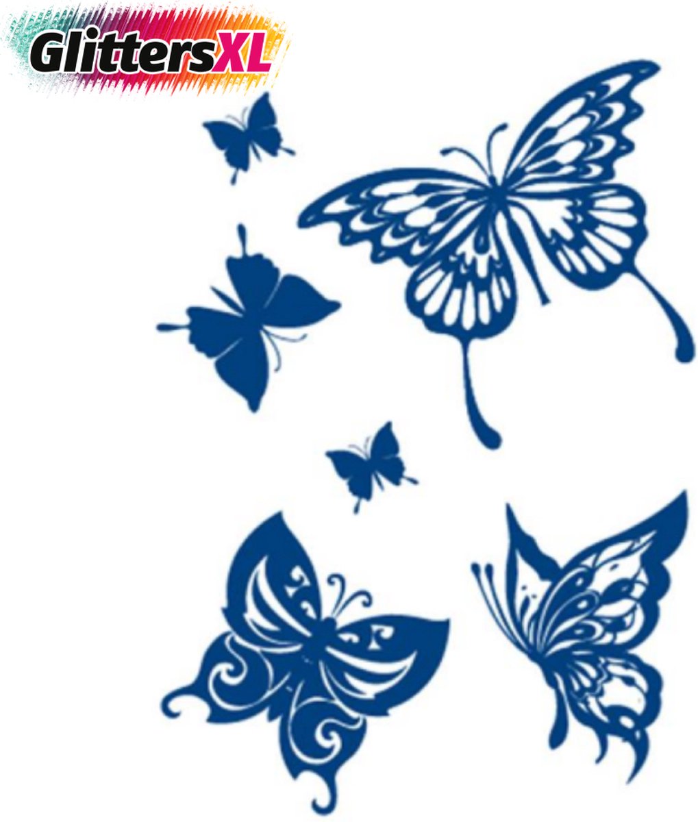 GlittersXL - Temporary Tattoo Vlinders (8x11 cm) [Semi-Permanente Neptattoo - Tijdelijke tatoeage - Nep Fake Tattoos - Water overdraagbare festival sticker henna outfit tattoo - Glitter tattoo - Volwassenen Kinderen Jongen Meisje]